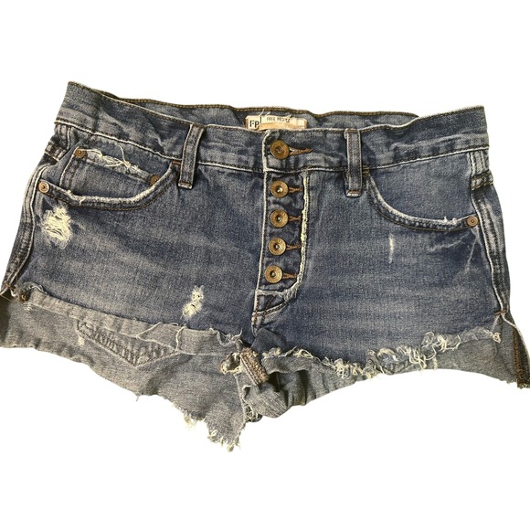 Free People Denim Shorts Women's 25 Button Fly Distressed Ripped Frayed - Picture 1 of 4